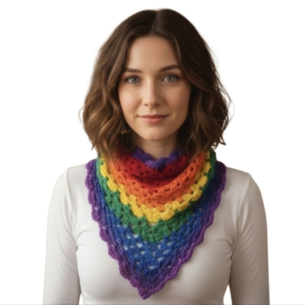 Rainbow Crochet Head Cover Bandana Prayer Wrap OOAK 14-in-1 Handmade Grannycore - Picture 3 of 17